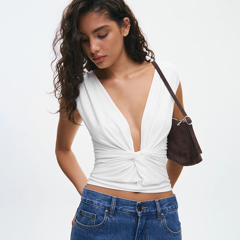 J26Tp038 European and American Cross-Border Women's Spring and Summer Amazon New V-Neck Pullover Solid Color Ruched Twist Waist Top J26Tp038 European and American Cross-Border Women's Spring and Summer Amazon New V-Neck Pullover Solid Color Ruched Twist Waist Top