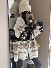 费尔岛立领毛衣外套女2025新款秋冬季加厚宽松休闲慵懒风针织开衫