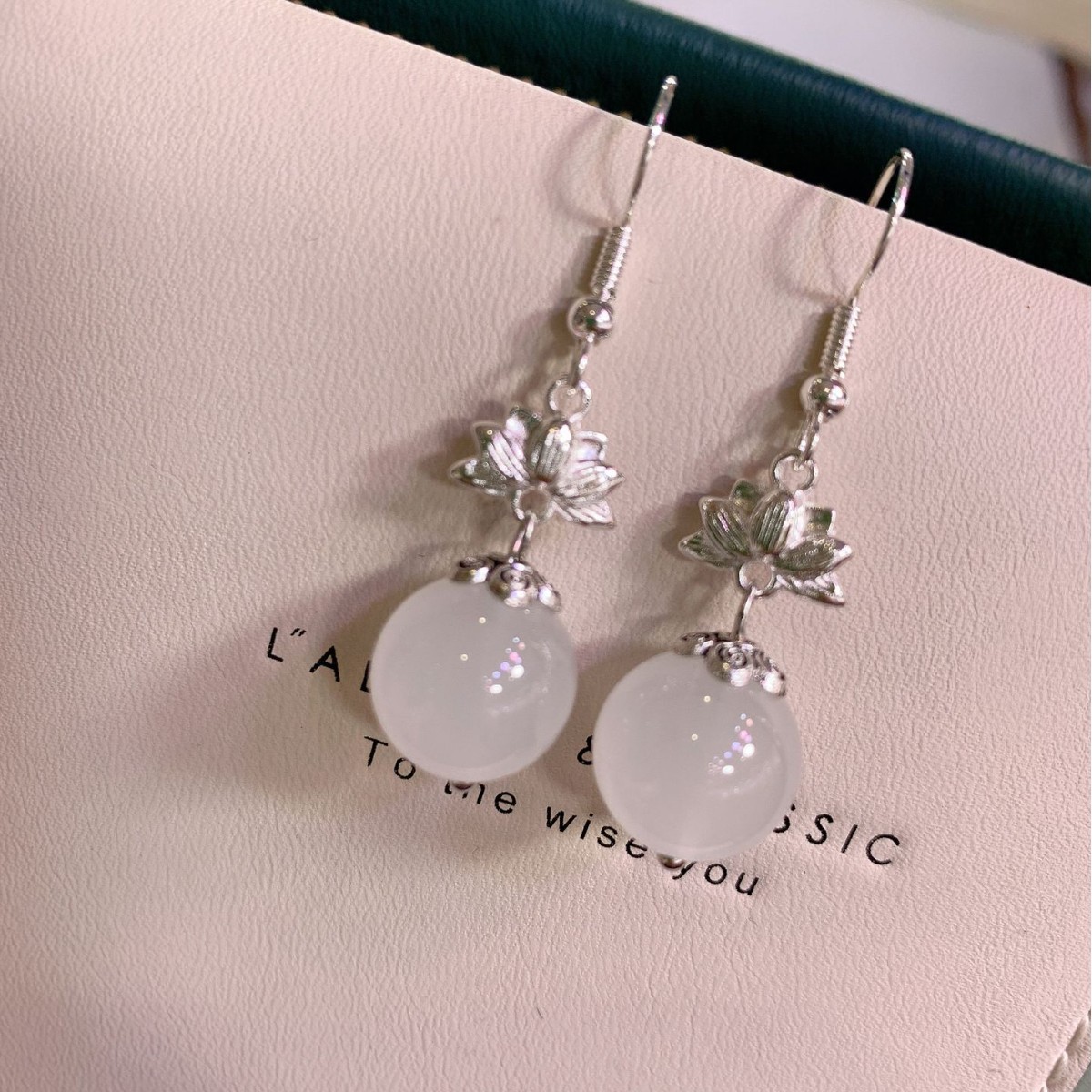 Premium White Chalcedony Round Bead Earrings Elegant Retro Style_voghion.com