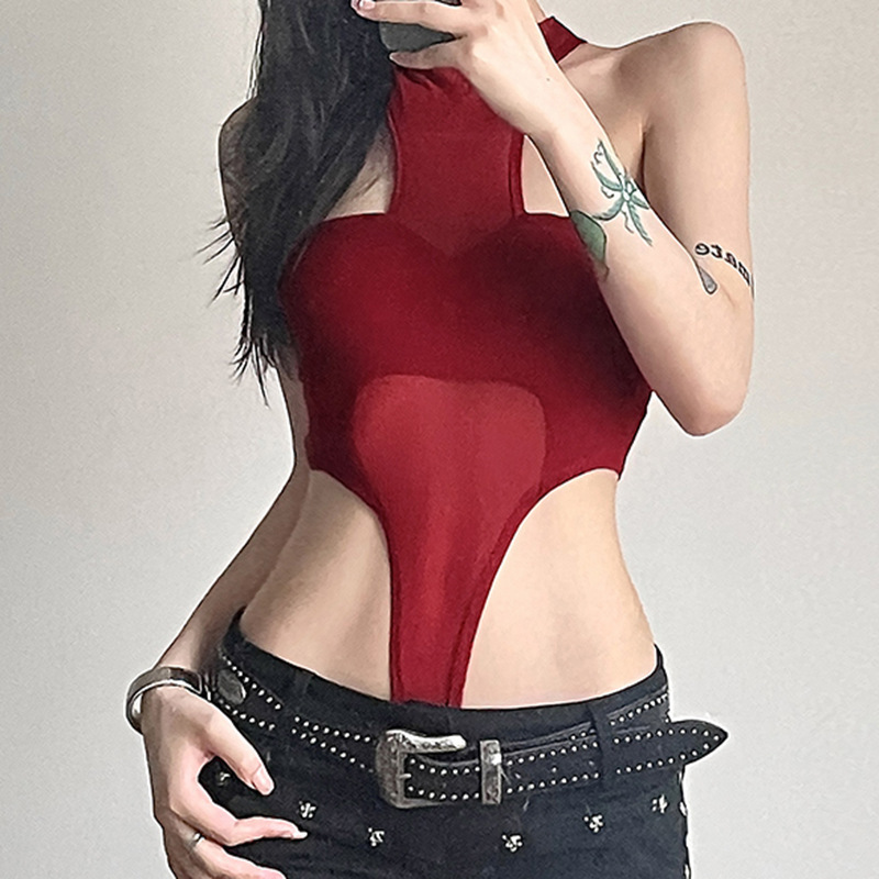 American Street Style Sweet and Spicy Design Round Neck Halter Neck Jumpsuit for Women, Solid Color Slim Fit Sexy Off-Shoulder Mesh Outfit