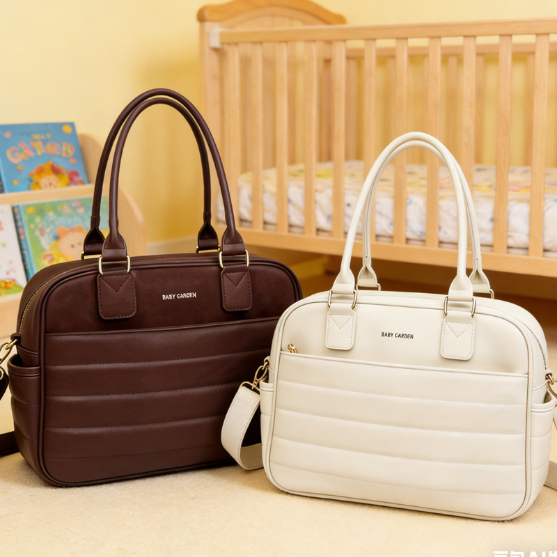 Two-Piece Pu Material Diaper Bag with Baby Changing Pad, Mommy Quilted Handbag Can Be Worn Cross-Body