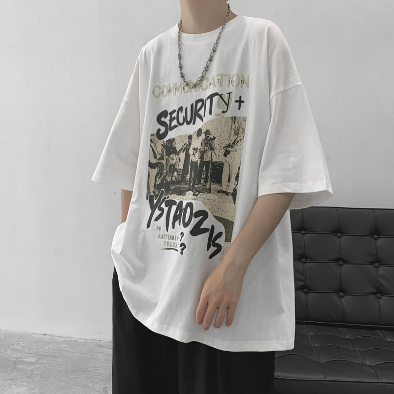 Camiseta de manga corta de los hombres más el tamaño suelto todo partido cuello redondo Camiseta verano ins casual estilo de Hong Kong guapo media manga superior