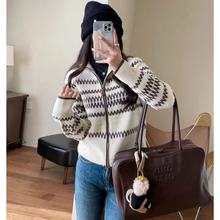 复古老钱风条纹提花加厚翻领羊毛针织毛衣开衫女24秋冬Q1219F