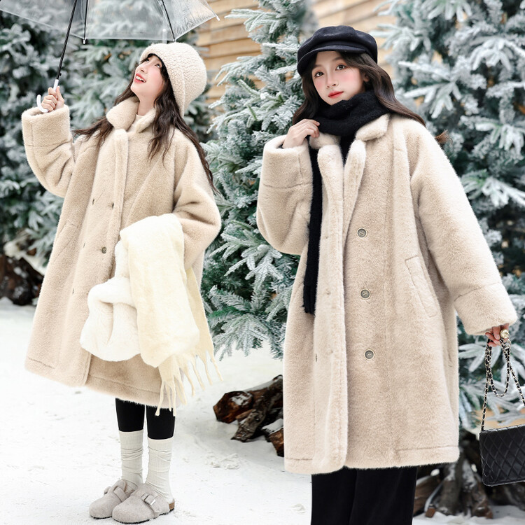 女童外套貂绒皮毛一体大衣2025秋冬加厚长款西服领貂绒韩版外套棉