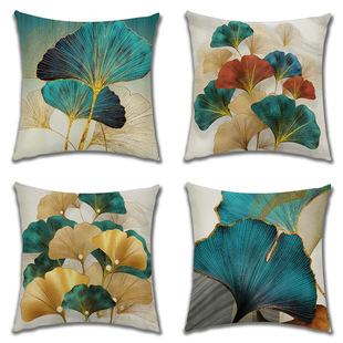 Gold Foil Ginkgo Leaves Tropical Green Plants Linen Pillow Case Golden Linen Sofa Pillow Cushion Office Pillow