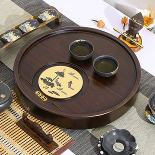 √ Ebony Tea Tray Solid Wood Household Small One-Person Integrated Drainage Tea Tray Garden Round Tea Table Dry Tea