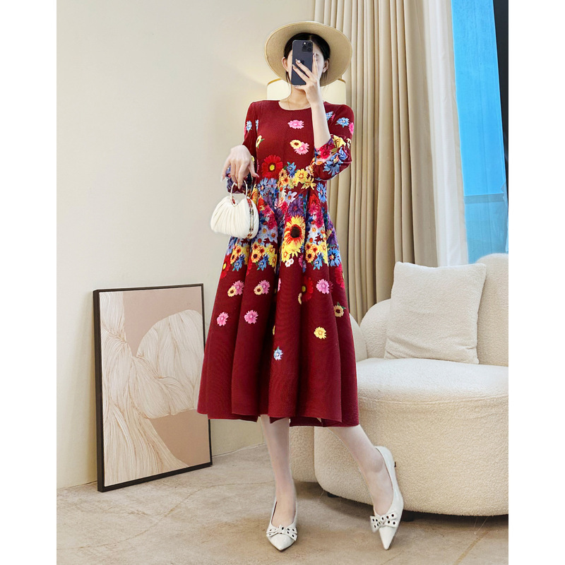 Dropshipping French Bud Skirt Printed Dress Autumn Women's New Mother's Wedding Dress Burgundy Long Skirt Dropshipping French Bud Skirt Printed Dress Autumn Women's New Mother's Wedding Dress Burgundy Long Skirt