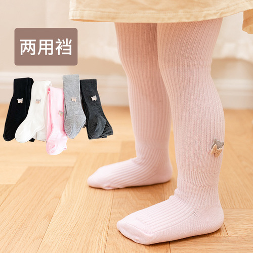 Spring  New Open-garter Bear Solid Color Vertical Striped Children's Pantyhose for Girls and Babies Wearable Leggings
