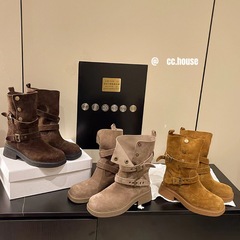 磨砂皮马丁靴女2025秋新款粗跟擦色真皮扣带中跟西部牛仔中筒靴潮