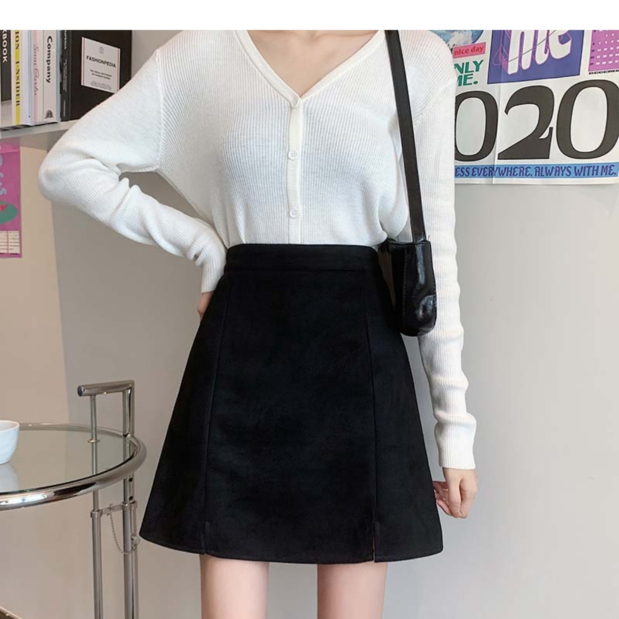 GraceChic GraceChic GraceChic 2023 Autumn Winter High Waist Split Suede Velvet Midi Plus Size Slimming A-line Bodycon Versatile Black Short Skirt_voghion.com