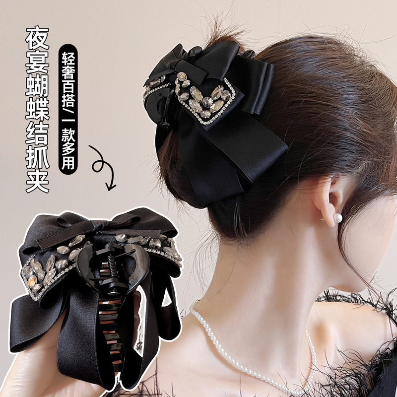 新款黑色蝴蝶结锆石鲨鱼夹女轻奢高级感发夹小众后脑勺抓夹发饰品|undefined