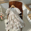 Children's dress, french style, floral print, square neckline, with short sleeve, Korean style, children's clothing