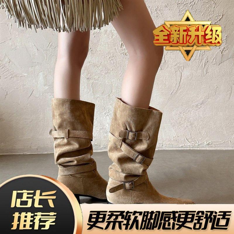 2025复古新款长筒靴尖头皮带扣堆堆高筒西部牛仔靴子靴女|undefined