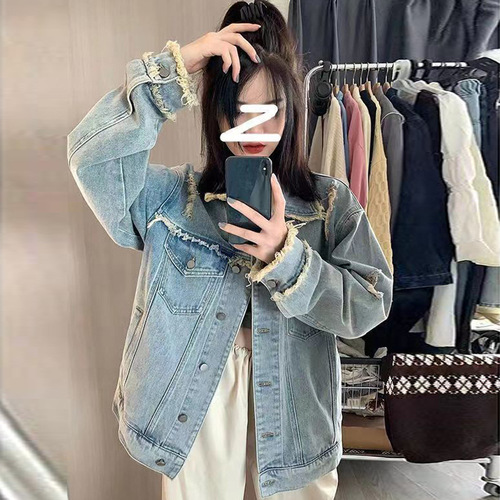 Retro raw edge distressed ripped denim jacket for women spring and autumn loose casual all-match work jacket top trendy ins