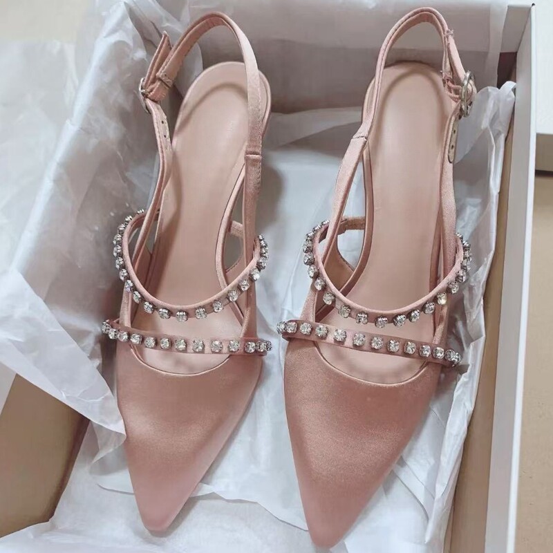 In Stock~25 Autumn New French-Style Pointed Toe Stiletto Heels with Rhinestones for Women, Closed-Toe Back Strap Commuting Sandals