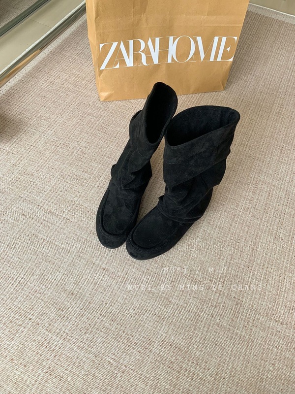 2025春秋女士麂皮圆头平底气质内增高3CM一脚蹬长筒靴烟管靴|undefined