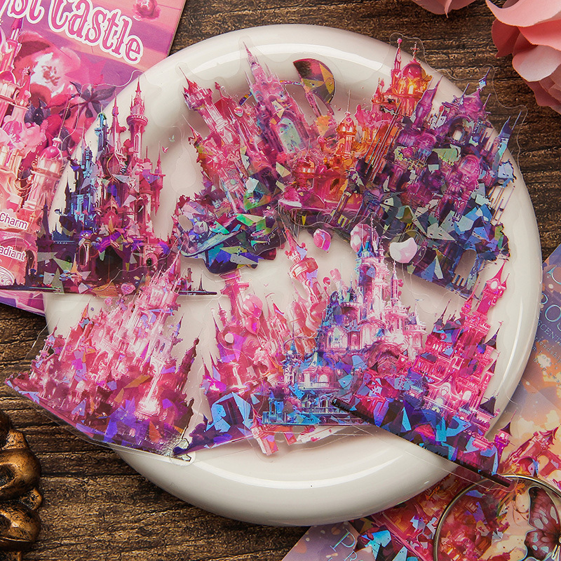 Sky Fortress transparente pegatinas impermeables para mascotas bolsas diy diario de mano pegatinas decorativas pegatinas de construcción láser pegatinas de castillo