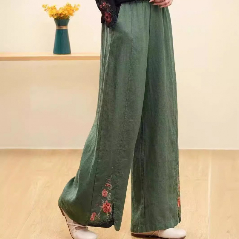 2025 New Literary Casual Pants Retro Ethnic Summer Elastic Waist Loose Cotton and Linen Embroidered Nine-Point Wide Leg Pants for Women