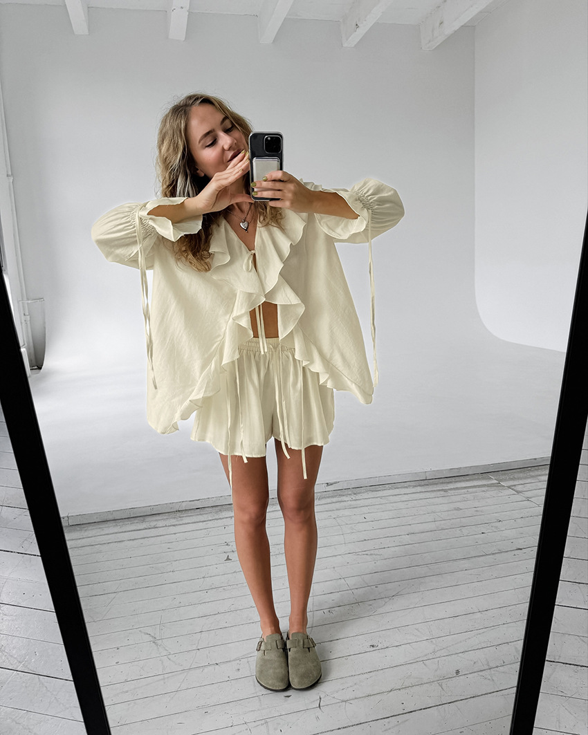 446g Weight Long Sleeve Sleeve Length Flat Yarn, Polyester Fabric Type Shorts Co-ord Set Sets Type 2 Pieces Set Quantity Holiday Occasion V Neck Neckline Comfort Function Regular Fit Fit Type Solid Color Pattern Summer Season Women's Gender Vacation, Simple Style Style Holiday Women's Vacation Simple Style Solid Color Flat Yarn Polyester Shorts Co-ord Set Shorts Sets 8