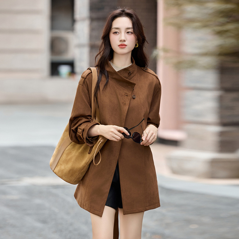 风衣外套女中长款春秋季2025新款今年流行时尚洋气系带麂皮绒上衣|undefined