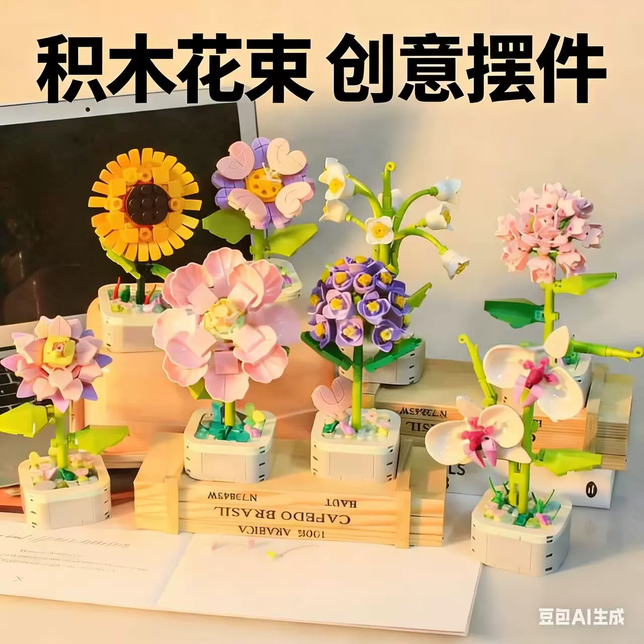 鲜花积木植物多肉盆栽摆件学生奖励小礼品拼装玩具女生生日伴手礼