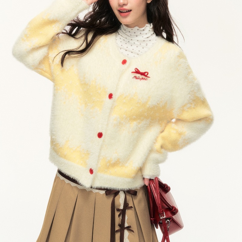 Amarillo lechoso largo cabello gradiente rayas sueltas cardigan de punto universal arco dulce suéter de viento perezoso abrigo mujer image 5