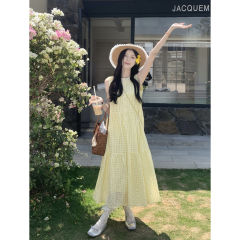 甜美度假风黄色格纹无袖背心连衣裙2025夏季新款宽松A字长裙女ins