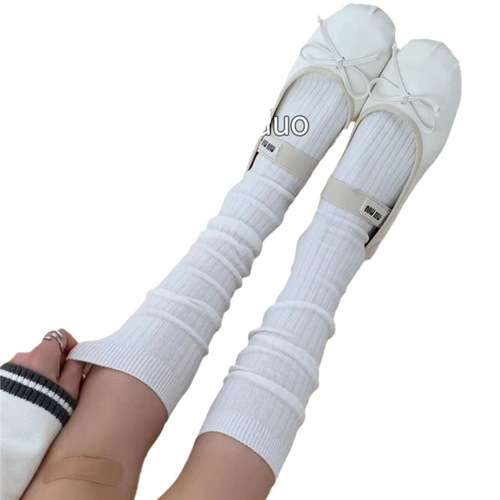 Women's cream-colored vertical striped calf socks for spring and summer, warm, slimming, versatile mid-calf socks, Japanese-style, beanie socks for girls