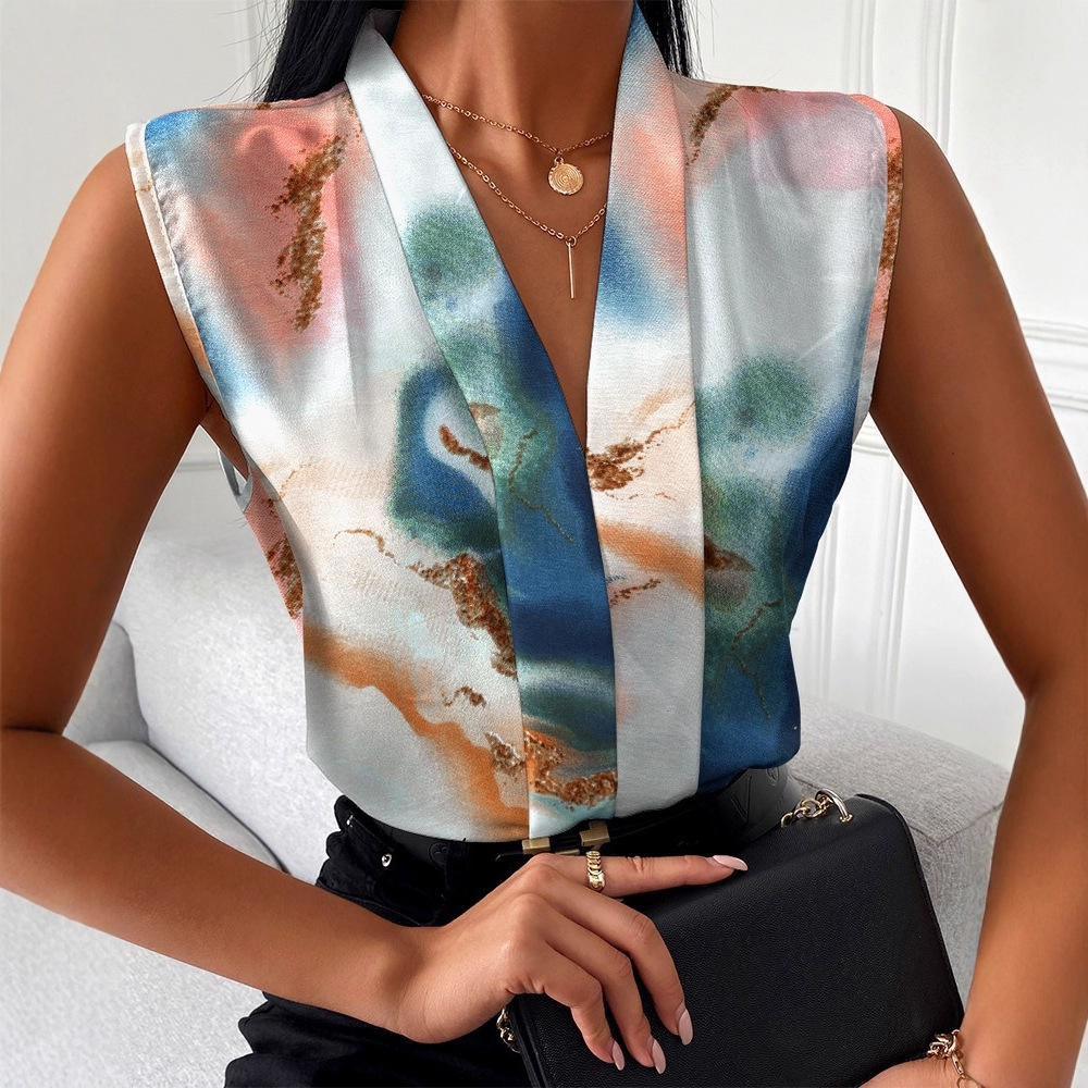 2023 estación independiente deseo Amazon popular verano europeo y americano moda casual sin mangas con cuello en V camisa impresa para las mujeres