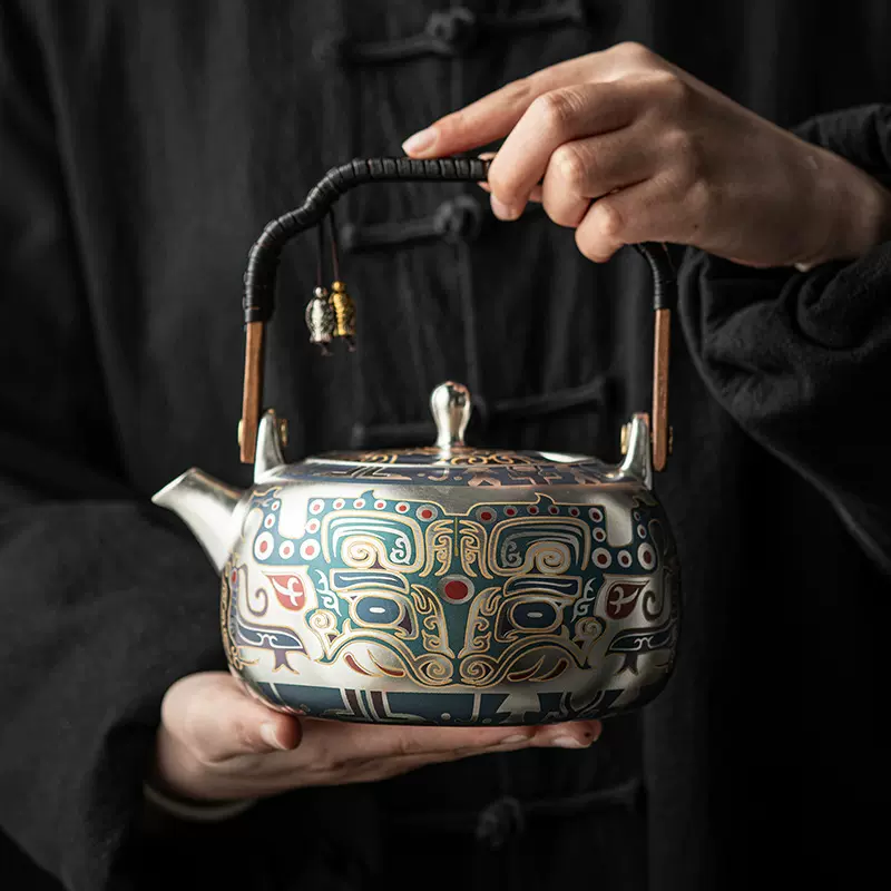 敦煌干烧银壶手工满鎏家用煮茶壶围炉提梁壶郑文强功夫茶具礼盒装