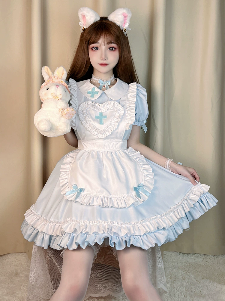 Короткое платье-Lolita набор, японский сливочно-кавайный косплей, фартук и головной убор, размеры S–XL