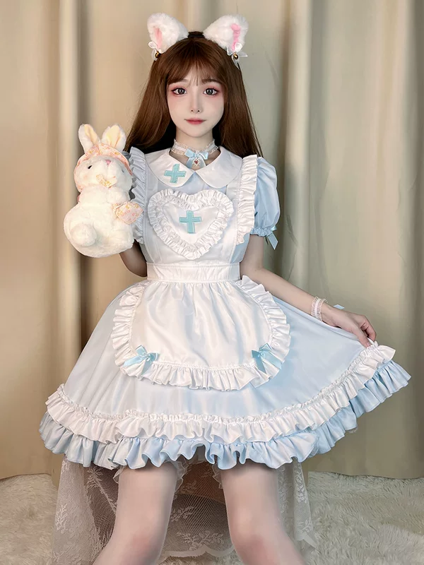Короткое платье-Lolita набор, японский сливочно-кавайный косплей, фартук и головной убор, размеры S–XL