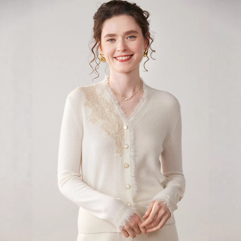 100% Pure Cashmere Cardigan for Women, V-Neck Lace Embroidered Patchwork Knit Jacket, Loose Fit Slimming Sweater Outerwear