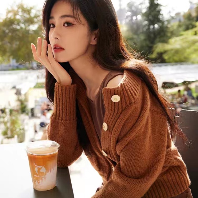 白鹿明星同款棕色重工加厚针织开衫女春秋2025新软糯100纯羊毛衫