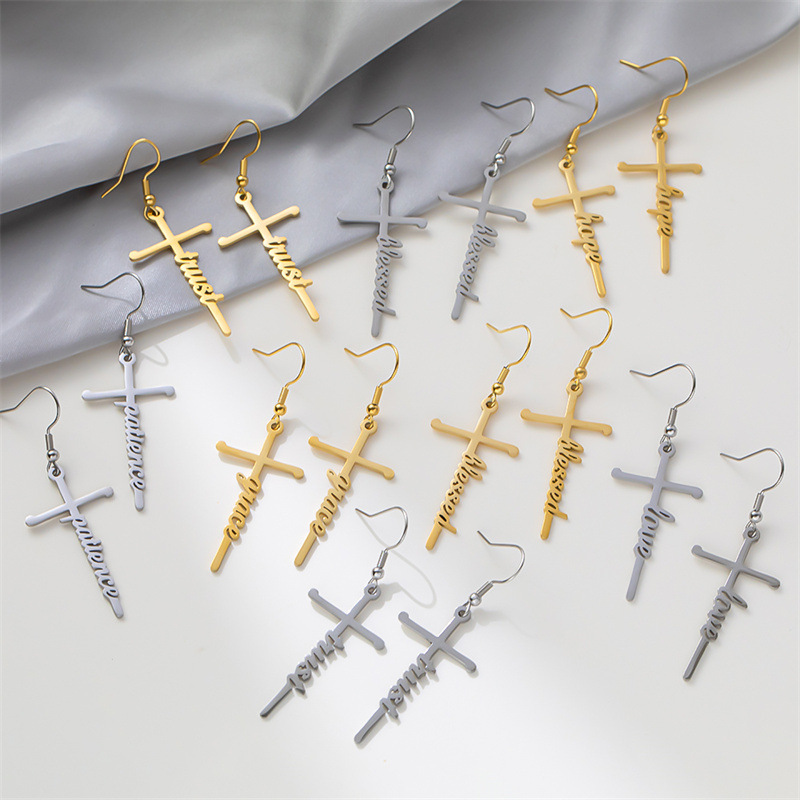 10g Weight 1 Pair Retro Simple Style Cross Letter Titanium Steel Drop Earrings