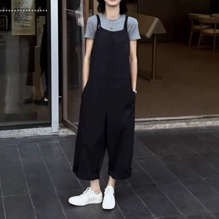25386大爱美依缘2025夏季新款韩版时尚修身纯色T恤+阔腿背带裤潮