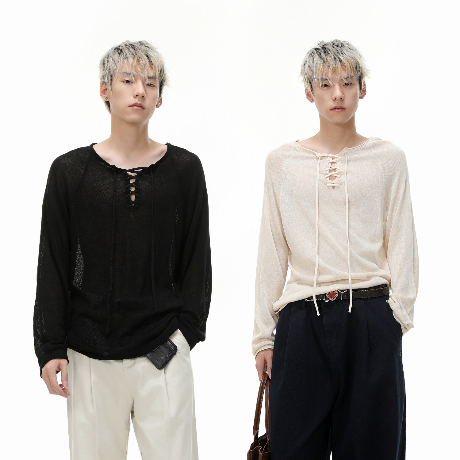 Mtlclothes Men's Clothing | French Retro Style Thin Pure Lust Strap Slightly See-Through Relaxed Long-Sleeved Sweater