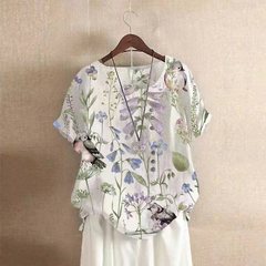 大きいサイズの婦人服の国風の復古のゆったりしているプリントの綿麻の半袖のtシャツの女性の2024夏の新型の亜麻の上着