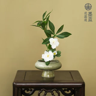 墨蓝花器手作窑变高脚小盘禅意茶席摆件开片花器日式花道插花器皿