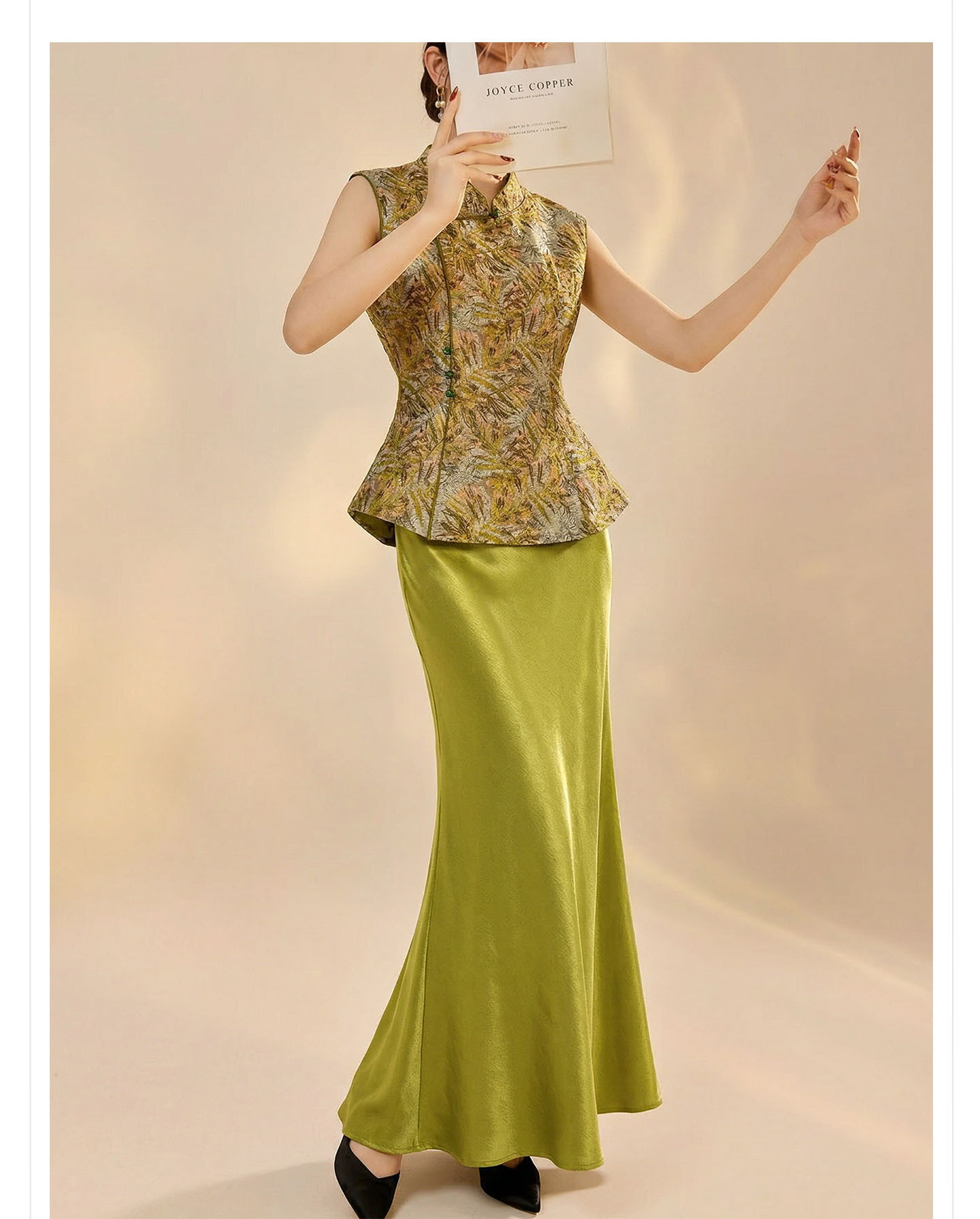 Set áo gi-lê không tay cổ đứng + chân váy midi jacquard phong cách Trung Quốc mùa hè — Màu xanh lá cây nửa váy, vàng nửa váy, Áo khoác xanh chi tiết 17