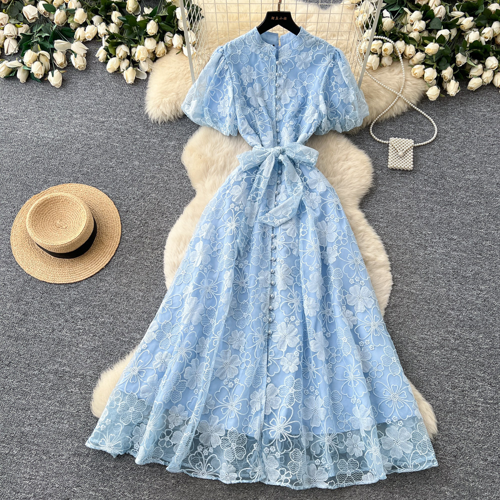 Elegant Lace Embroidered Dress for Women High-Waisted A-Line Skirt Summer Suitable for Commuting And Banquets_ecoleips.com