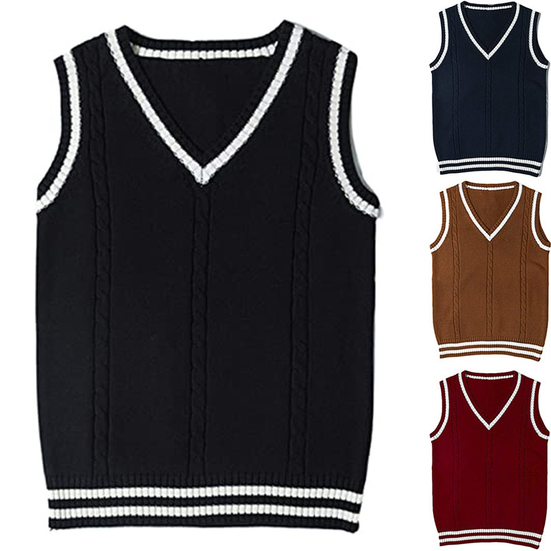 European and American Cross-Border New Amazon Sweater Women's Vest V Neck Stripesd Splicing Casual Knitted Vest Pullover