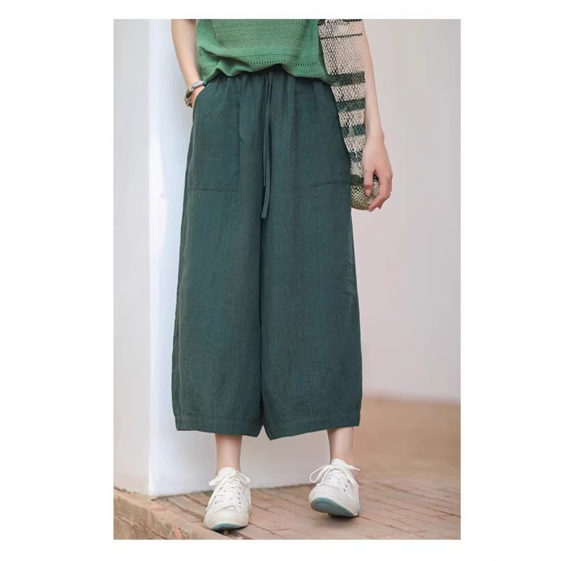 100% Linen Artistic Casual Solid Drape Slimming Macaron Color Cool Carrot Cropped Pants