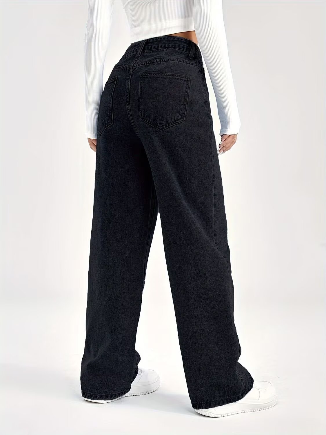 High-Waisted Straight Leg Jeans Women's Loose Fit Wide Leg Pants Solid Color European American Style Petite Size Autumn Winter_ecoleips.com