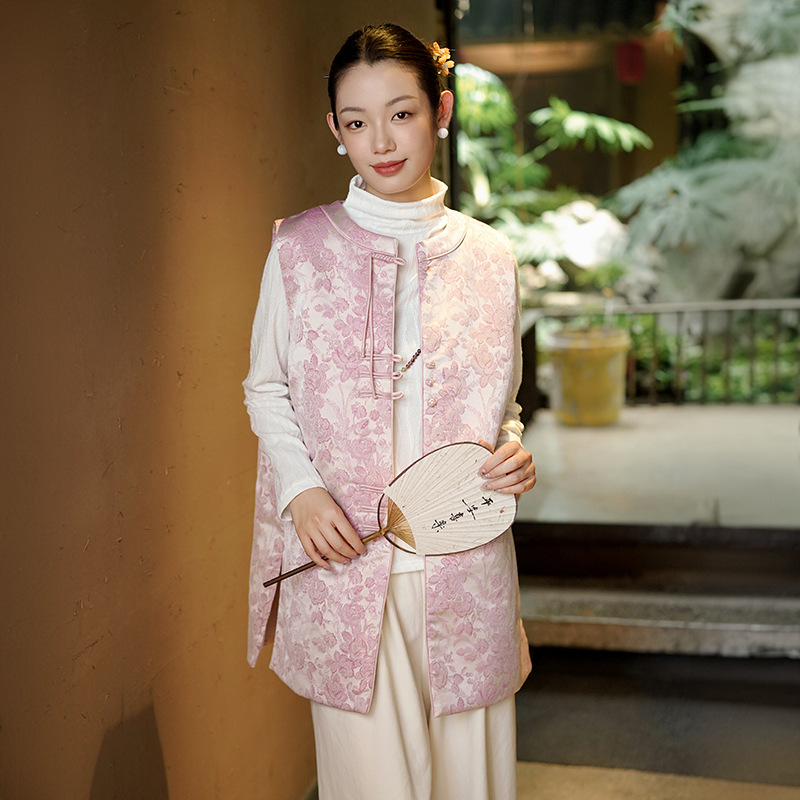 冬季新款女装新中式棉马甲女中长款缎面提花背心国风宋锦无袖上衣