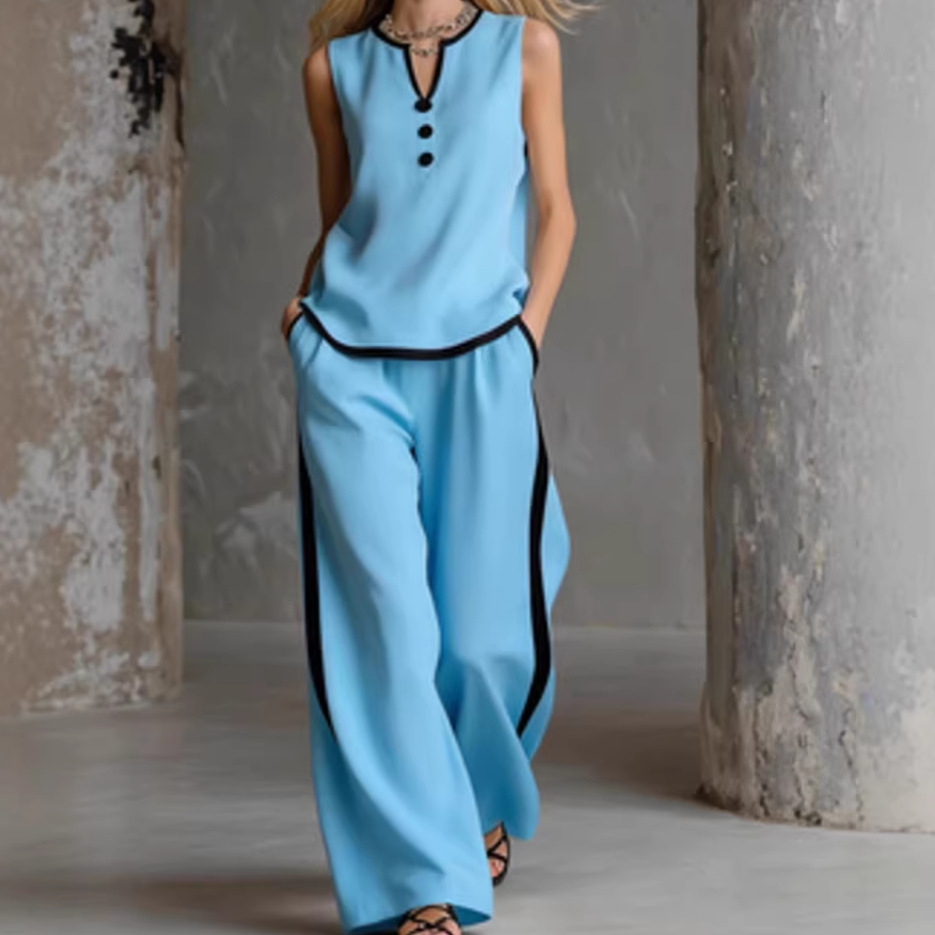 Spring/Summer Women's Sleeveless V Neck Color Block Trim Simple Elegant Comfortable Style Set Black_ecoleips.com