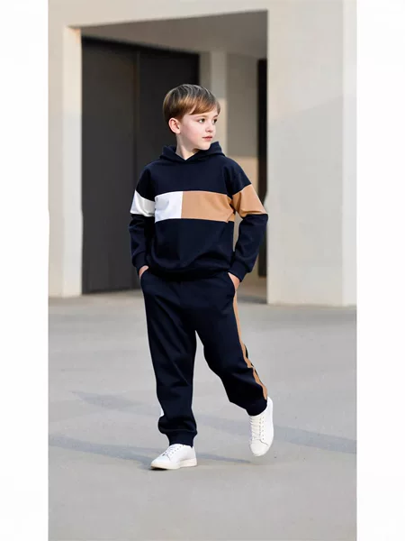 Directly Supplied from the Manufacturer, Foreign Trade Boys' Hooded Sweatshirt Two-Piece Set in Navy Blue Color-Blocking, Cross-Border Children's Clothing Set, Casual Sportswear