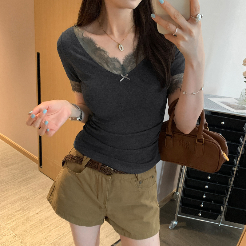 Slightly Chubby and Versatile Sexy Lace V Neck White Waist-Cinching Short-Sleeved T-Shirt for Women Summer New Design Top