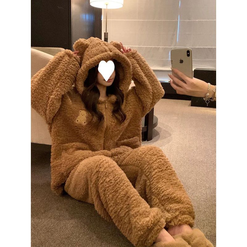 (2개) 여성을위한 귀여운 곰 잠옷 겨울 플러스 벨벳 두꺼운 따뜻한 산호 벨벳 달콤한 바지 세트 홈웨어 투피스 세트