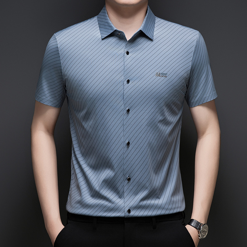 Tiktok-Style Ice Silk Seamless Short-Sleeve Shirt for Men, Light Luxury Business Casual Striped Versatile Stretch Shirt Half-Sleeve